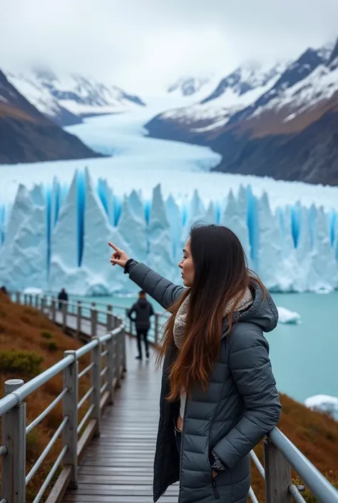 "Ultra-realistic image of a woman with long, dark hair styled casually, exploring the breathtaking Perito Moreno Glacier in Patagonia, Argentina. She is dressed appropriately for the cold climate, wearing a warm jacket, scarf, and gloves. The scene capture...