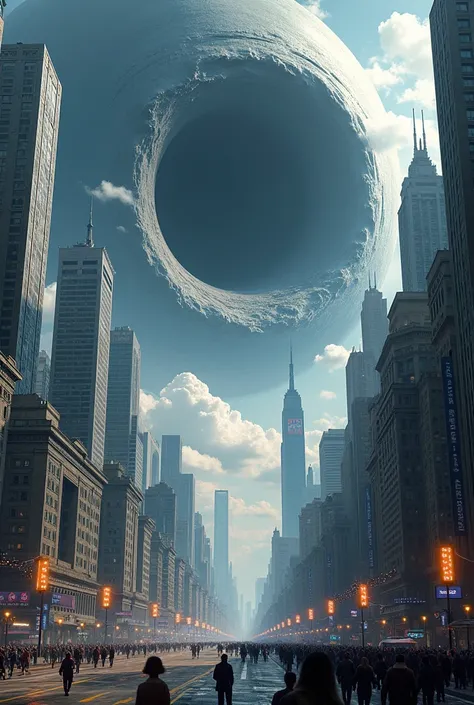 a large city with a black hole in the background