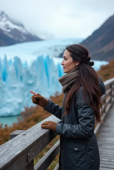 "Ultra-realistic image of a woman with long, dark hair styled casually, exploring the breathtaking Perito Moreno Glacier in Patagonia, Argentina. She is dressed appropriately for the cold climate, wearing a warm jacket, scarf, and gloves. The scene capture...