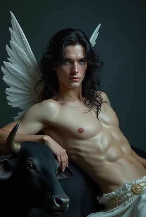 Handsome young man face soft white Caucasian features blue eyes long black hair well-defined body fairy wings his skin is made of porcelain He is in an ethereal setting he is on a black background lying on top of a bull he is European 