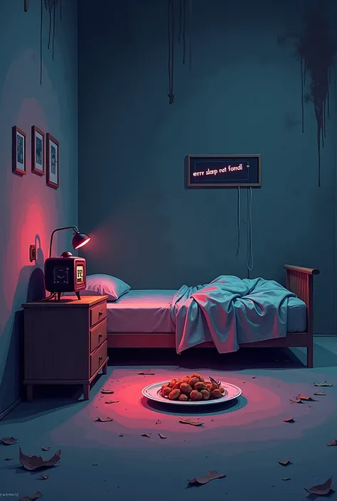 A visual loop showing a plate of food, a bed, and a frustrated alarm clock going off.
The "Error: Sleep Not Found" part is emphasized with glitchy pixel art