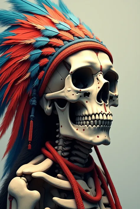 Indian skull with long feathers, colorful and stylish with cord around the neck 