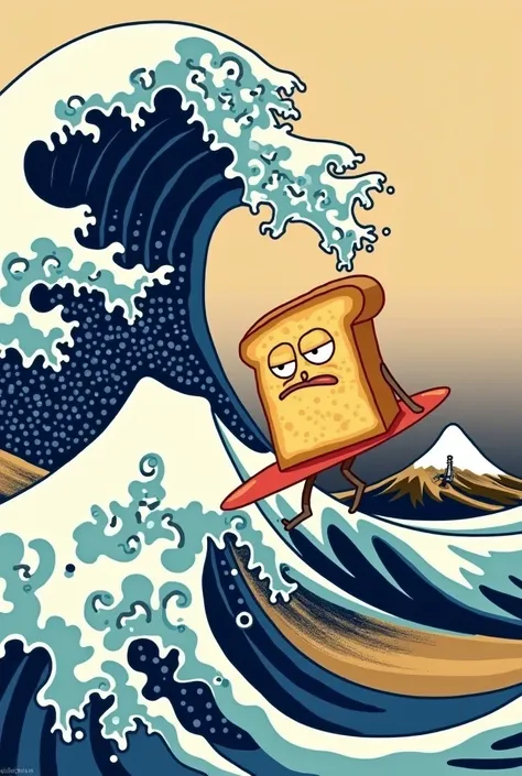 une tranche de pain qui fait du surf sur la grande vague de kanagawa dans le style de rick et morty 