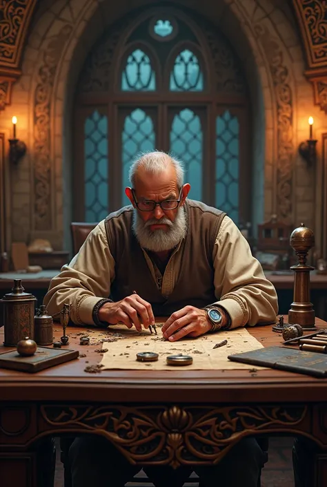 Drakeide gunsmith sitting behind a fantastic medieval table