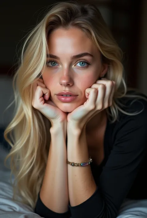 A young woman with long, wavy blond hair rests her head on her clasped hands, looking directly at the camera. She is dressed in a black top and wears a delicate bracelet on her left wrist. Her expression is gentle and thoughtful, enhanced by natural makeup...