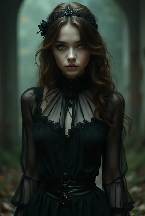 White girl with green eyes and brown hair in gothic outfit 