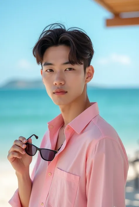  A cinematic Leica portrait of a handsome Korean male, holding a pair of sunglasses ,  wearing a short pink shirt dress  ,  his face turned to the camera , blushed cheeks , bright colors,  ocean view in the background ,  sunny day .  The artists signature ...