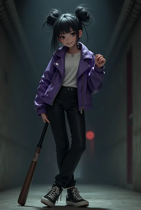 Create a dark and gloomy image ,  in this image I want a Japanese girl in a purple leather jacket,  the girls face has to be smiling ,  as if I were a psychopath , , It has to be PURPLE , and some black pants with black sneakers ,  it has to have two earri...