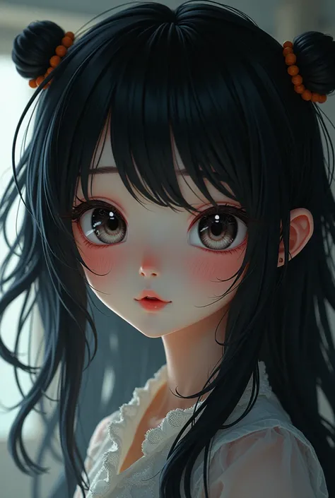 black hair, hair bobbles, wince, longeyelashes, solid circle eyes, fake animal ears, light smile, ear blush, fang, ccurate, Surrealism, drop shadow, anaglyph, stereogram, tachi-e, pov, atmospheric perspective, 8k, super detail, best quality