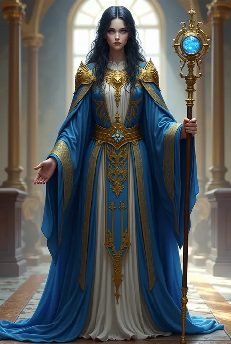 full height,anfas cleric Kalashtar race pale skin color, black hair color, royale blue eyes with spirit fire in, church vestments golden blue white colors, with godly staff in hand