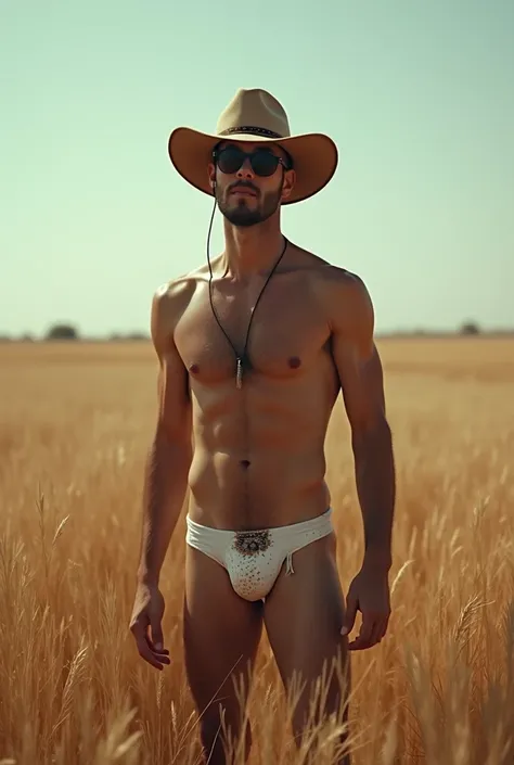 long shot, naked full body, correct mans anatomy, a man with a hat and sunglasses standing in a field, naked man, showing his manhood, attractive man, alone in the naked field, stylized, mood setting, High definition, retina, masterpiece, accurate, anatomi...