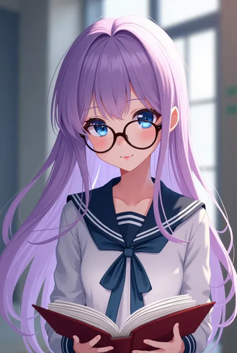 Anime female with long pastel purple hair and blue eyes wearing glasses in school, holding a book 