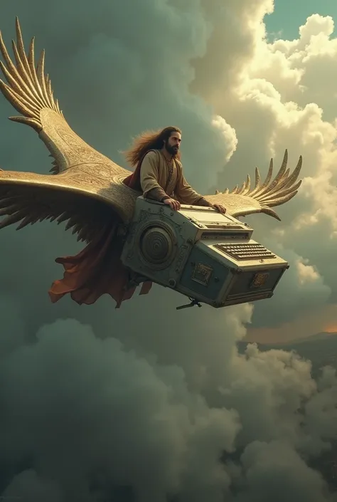 Leonardo da Vinci riding a flying ancient mac with wings, heading to attack Queen Isabel, Cinematic