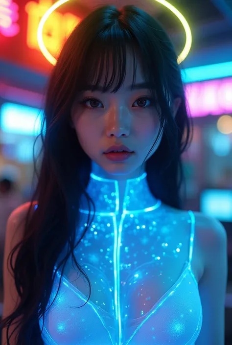 Beautiful Japanese girl, medium breasts, innocent, pale white skin, long black hair, beautiful brown eyes, black eyeliner, teen (Beautiful face), neon yellow halo on head. Laser light ramen shop background. Wearing glowing neon blue holographic bodysuit. F...