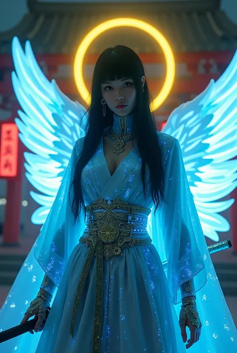 Beautiful Japanese techno samurai, very large breasts, pale white skin, long black hair, beautiful brown eyes, black eyeliner, teen face, neon yellow halo on head. Laser light Shinto temple background. Wearing glowing neon blue holographic samurai armor. (...