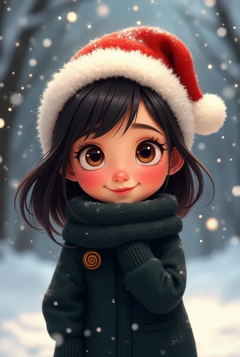 Girl short black hair, brown eyes black sweater  , Animated Disney  , with Christmas hat