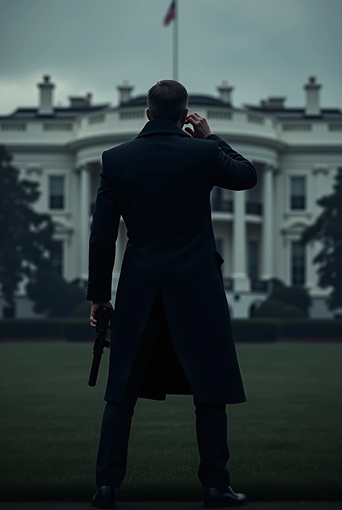 Secret Service Agent with Black Trench coat with left hand to his left ear and gun at his right side and his back facing the White House in movie poster style