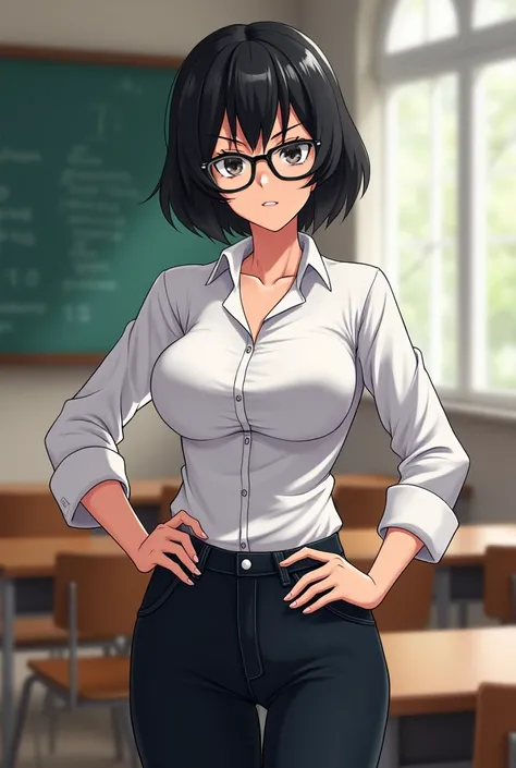 score_9, score_8_up, score_7_up, anime screencap BREAK1girl, sarada, black eyes, black hair, short hair, glasses,large breasts, white shirt, black jean, smile, hands on hips, standing, solo, looking at viewer, indoors, thick thighs classroom background    