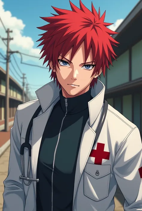  Create male Naruto Shippuden character. Attractive, thin-faced male face ,  with short red hair . Medical ninja .  Graphic format similar to that of artist Masashi Kishimoto in the anime Naruto. 