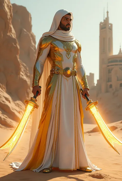 "A superhero inspired by traditional Saudi Arabian attire, featuring a red-and-black design reminiscent of Deadpool’s style., But change color of deadpool suit to White and golden, The character wears a sleek, futuristic thobe with a matching headscarf (sh...