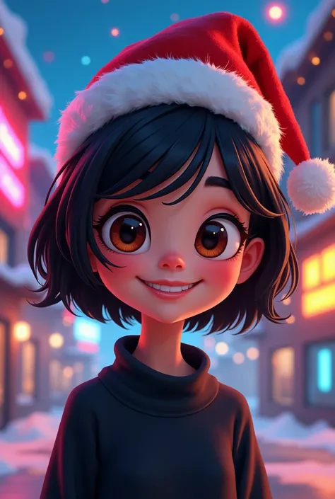 Girl short black hair,  black sweater brown eyes  , Animated Disney  ,  with Christmas hat, Gamer background on cell phone