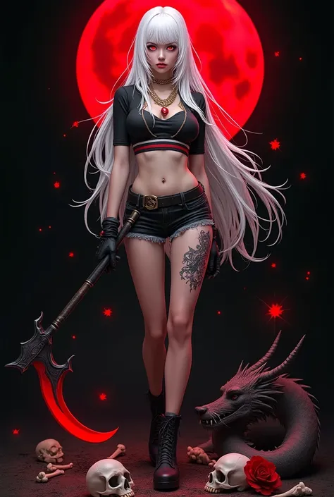  young woman,  Muscular body,  long white hair , fringe,   red eyes ,  dressed in a cropped with sleeves , therefore,  shorts therefore, corturno therefore ate o joelho, gloves on the hands ,  e um sobretudo therefore,  a black sickle with a red blade on t...