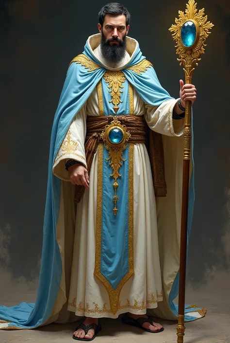 full height,anfas. Man cleric Kalashtar race white-pale skin, black hair color, royale blue eyes with spirit fire in, church vestments golden blue white colors, with heavenly staff contents with blue stone in