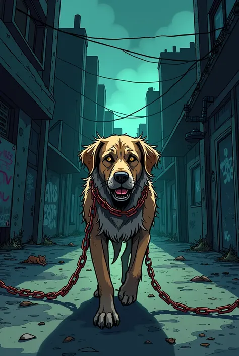 Now that same dog but with chains around it walking through dark streets, Do it in cartoon form please