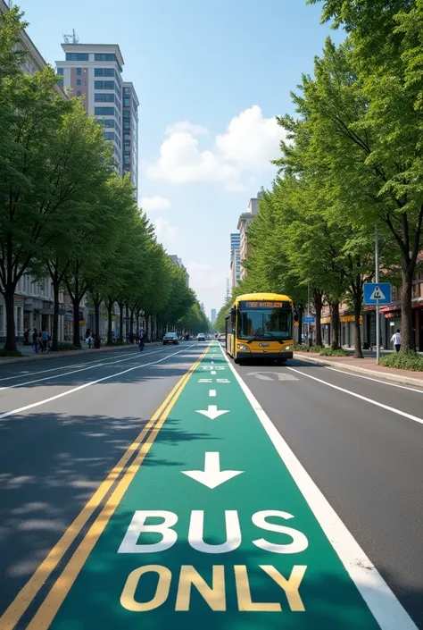 Exclusive bus lane
Description :  A road with an exclusive bus lane ,  clearly marked with signs and painted in a distinctive color.