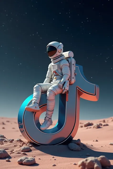 A man wearing a spacesuit is sitting on a Tik Tok sign 
