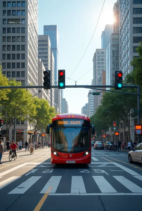  Intersection with traffic lights that prioritize the passage of buses
Description:  An intersection with traffic lights and a bus passing , indicating the priority given to public transport .