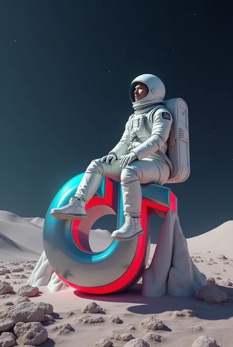 A man wearing a spacesuit is sitting on a Tik Tok sign 
