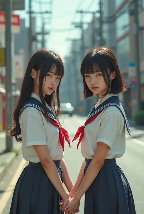 top-quality、8k photos、Wearing a uniform and sitting on the ground、 Two young women holding hands ,  Two Japanese high school girls posing,  Japanese High School Girl Uniform ,  Asian woman crouching , Japanese school girl uniform, Seifuku, Japanese High Sc...