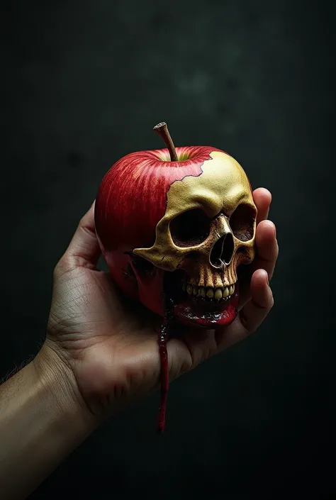 Hand holding apple covered with poison forming a skull