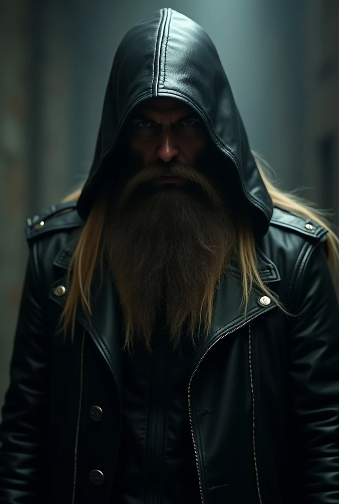 assassin,long blond hair, thick pointy mustache, big and long thick beard under the hood black leather jacket