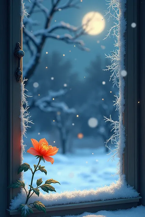 Winter night. Flower beside window 