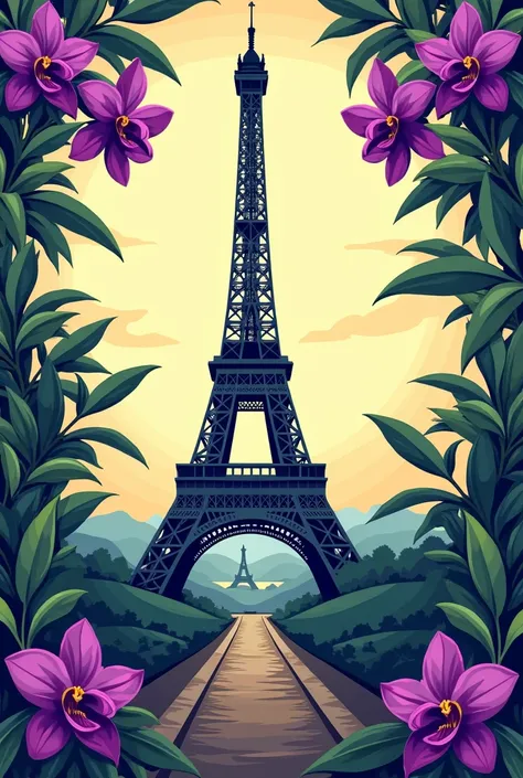 I need a t-shirt that represents the Union between France and Colombia with the Eiffel Tower in the center, on the sides, some purple cattleya flowers and in the middle some coffee plants. 
T-Shirt