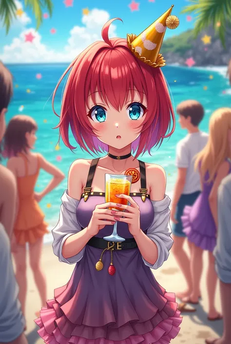 anime girl with short red hair with blue eyes in a New Years costume at a New Years party at the sea with a cocktail in her hands with friends