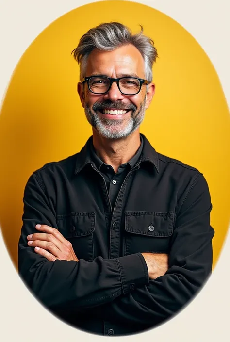 Create an isotype logo with a 50-year-old man smiling, with geek lenses ,  with gray hair and modern hairstyle ,  with black flannel and crossed arms , half body.  Place the man in the center of a circle with a yellow background and a prominent black borde...