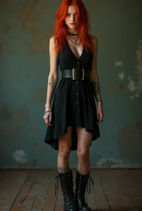 Hyper-photorelistic,  full-length shot for magazine, a full-body, 25-year-old, fresh off the farm, shoulder-length red hair, nice body, combat boots, wearing a knee length black punk dress, blue eyes, boots
