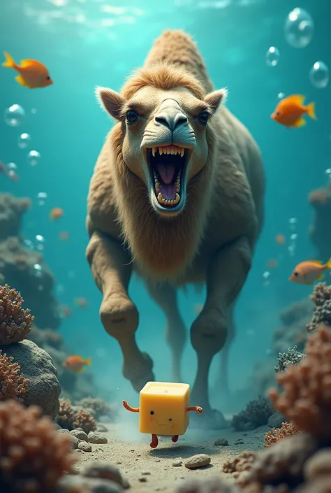 AN ANGRY CAMEL CHASING A WALKING SOAP AT THE BOTTOM OF THE OCEAN