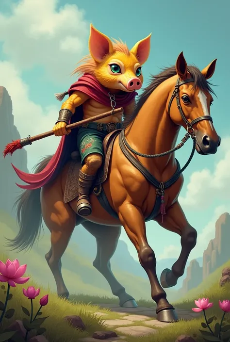 Of course, a tan pig ,Green eyes, Wearing a cloak made of tiger leather, , . The right hand is holding a red coral cane,  riding a big horse aggressively , The head is a water horse , , a dark amber fish scale body, blue eyes , Grassland, rough stone floor...