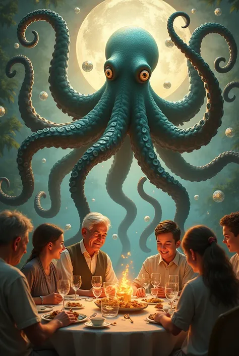  Octopus effect with tentacles of time on a family celebrating an anniversary of both grandparents , two adult marriages ,  adolescent ren and grandren 