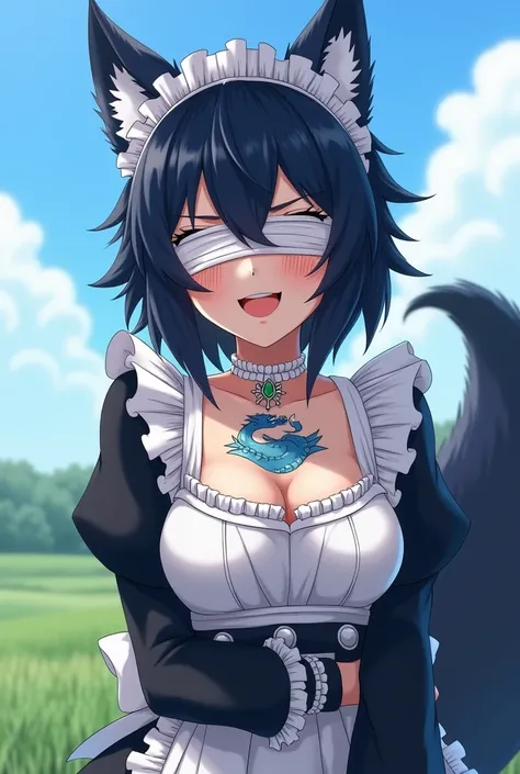 My hero academi,Female adolescent character , dark blue hair ,Strings ver  , her eyes are covered with white bandages , has a wolfs tail and ears , is wearing a maid costume with ruffles in black and white,  blue dragon tattoo on the chest ,  cheerful expr...