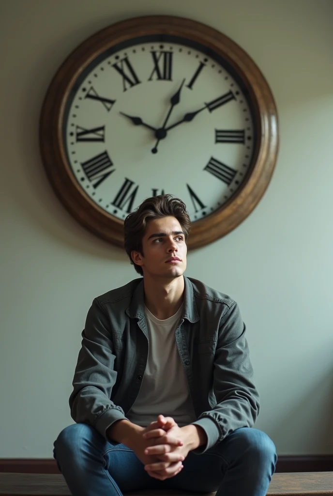 A young 18+ boy sits alone with a large clock on the wall in front of him