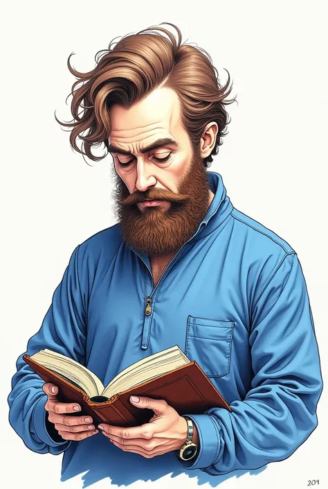 ((Exquisite)), ((Masterpiece)), (Detailed), Draw a perfect face shape, a man without a beard, wearing blue clothes, holding a book in both hands, concentrating on the book, outline ink, vivid and interesting details