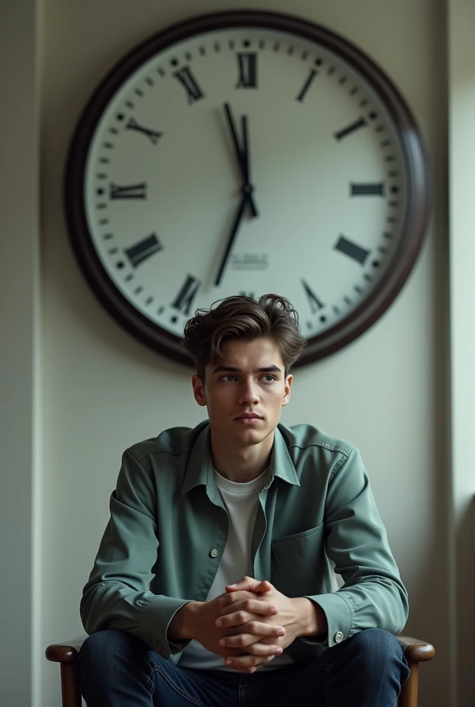 A young 18+ boy sits alone with a large clock on the wall in front of him