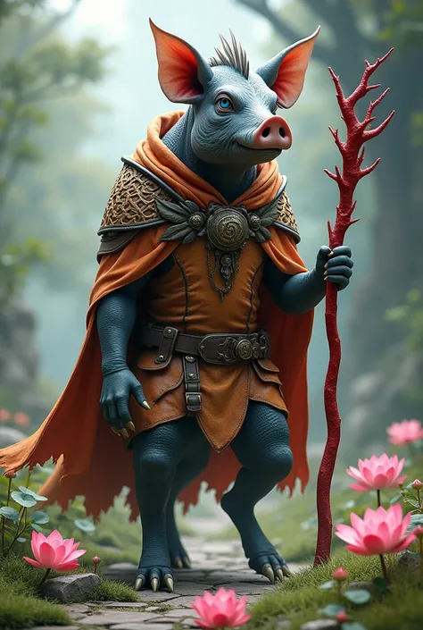 Of course, a tan pig ,Green eyes, Wearing a cloak made of tiger leather, , . The right hand is holding a red coral cane, Riding a water horse with four large aggressive legs , . The head is a water horse, the body, the scales of fish of dark amber color, b...