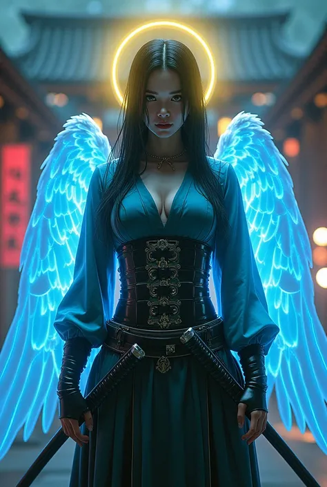 Beautiful Japanese techno samurai, very large breasts, pale white skin, long black hair, beautiful brown eyes, black eyeliner, teen face, neon yellow halo on head. Laser light Shinto temple background. Wearing glowing neon blue holographic samurai armor. (...