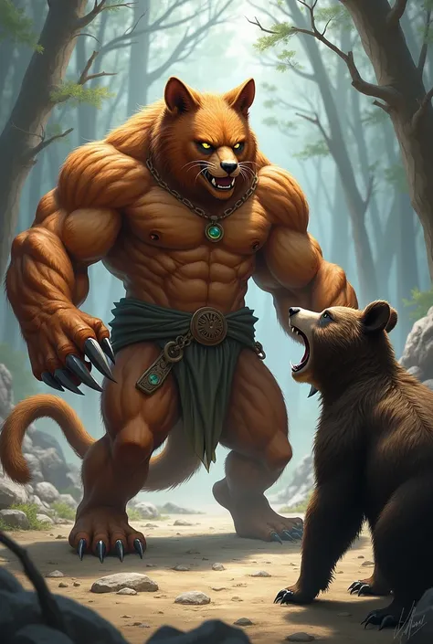 Max, now a muscular and heroic cat, facing the bear with a brave stance, his claws extended and his eyes glowing with determination, while the bear hesitates, surprised.